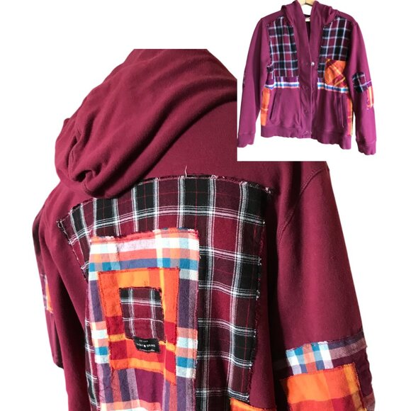 Upcycled Patchwork Hoodie, Size M: Magenta Boho Snap Front Jacket, Campus Grunge - Picture 17 of 17